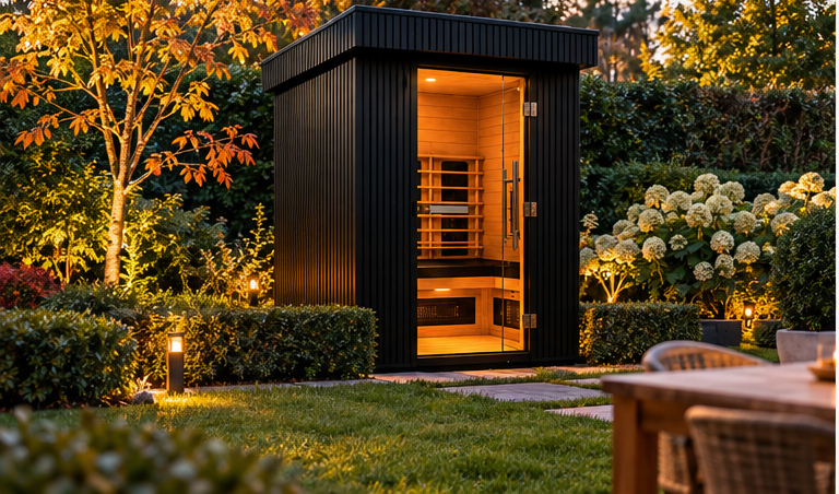 Health Mate Outdoor infraroodcabine in een tuin