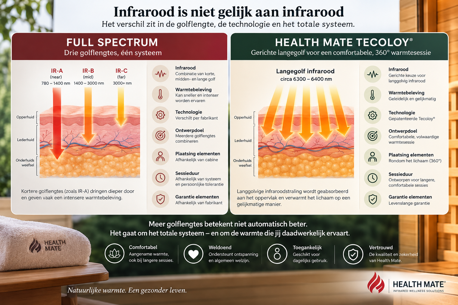 Vergelijking tussen full spectrum infrarood en Health Mate Tecoloy langegolf infrarood rond 6300 tot 6400 nanometer