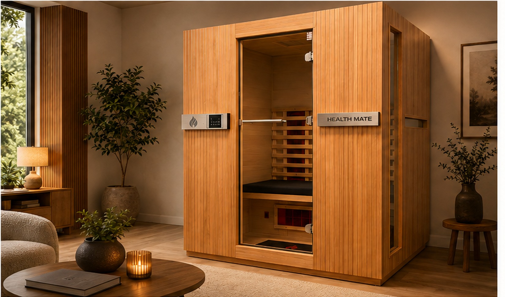 Health Mate infraroodcabine in hemlockhout met glazen deur, opgesteld in een warme woonkamer