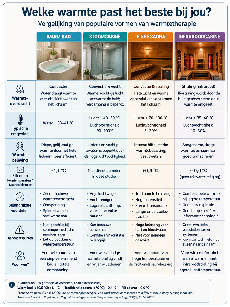 Infographic: vergelijking van warm bad, stoomcabine, Finse sauna en infraroodcabine op warmteoverdracht, typische omgeving en warmtebeleving