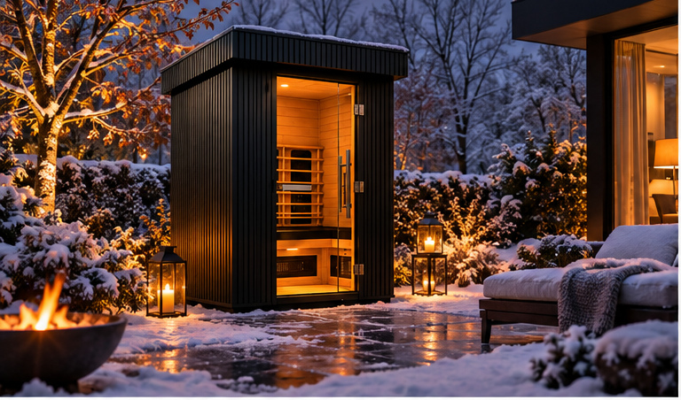 Health Mate Outdoor infraroodcabine in een winterse tuin