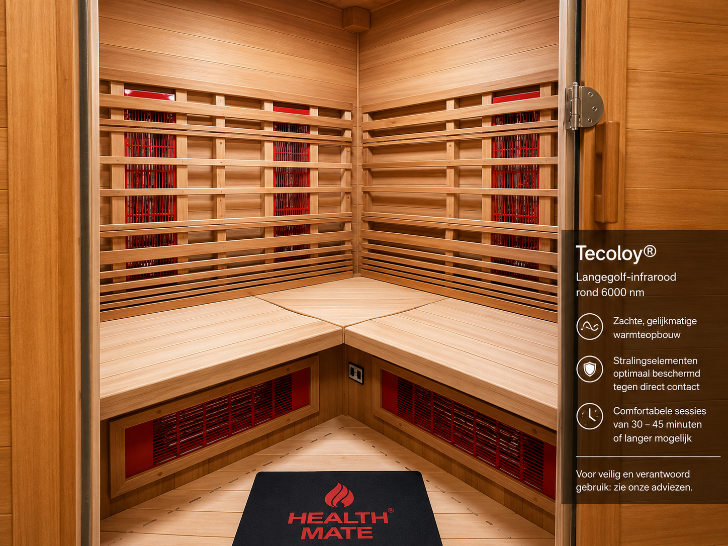 Interieur van een Health Mate infraroodcabine met zichtbare Tecoloy®-stralingselementen achter een houten beschermconstructie