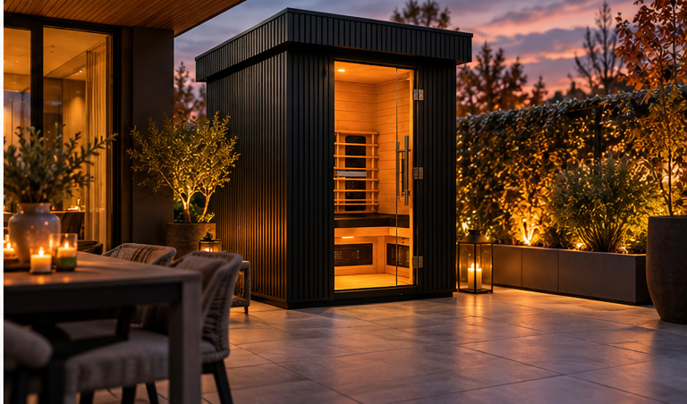 Health Mate Outdoor infraroodcabine op een terras bij schemering