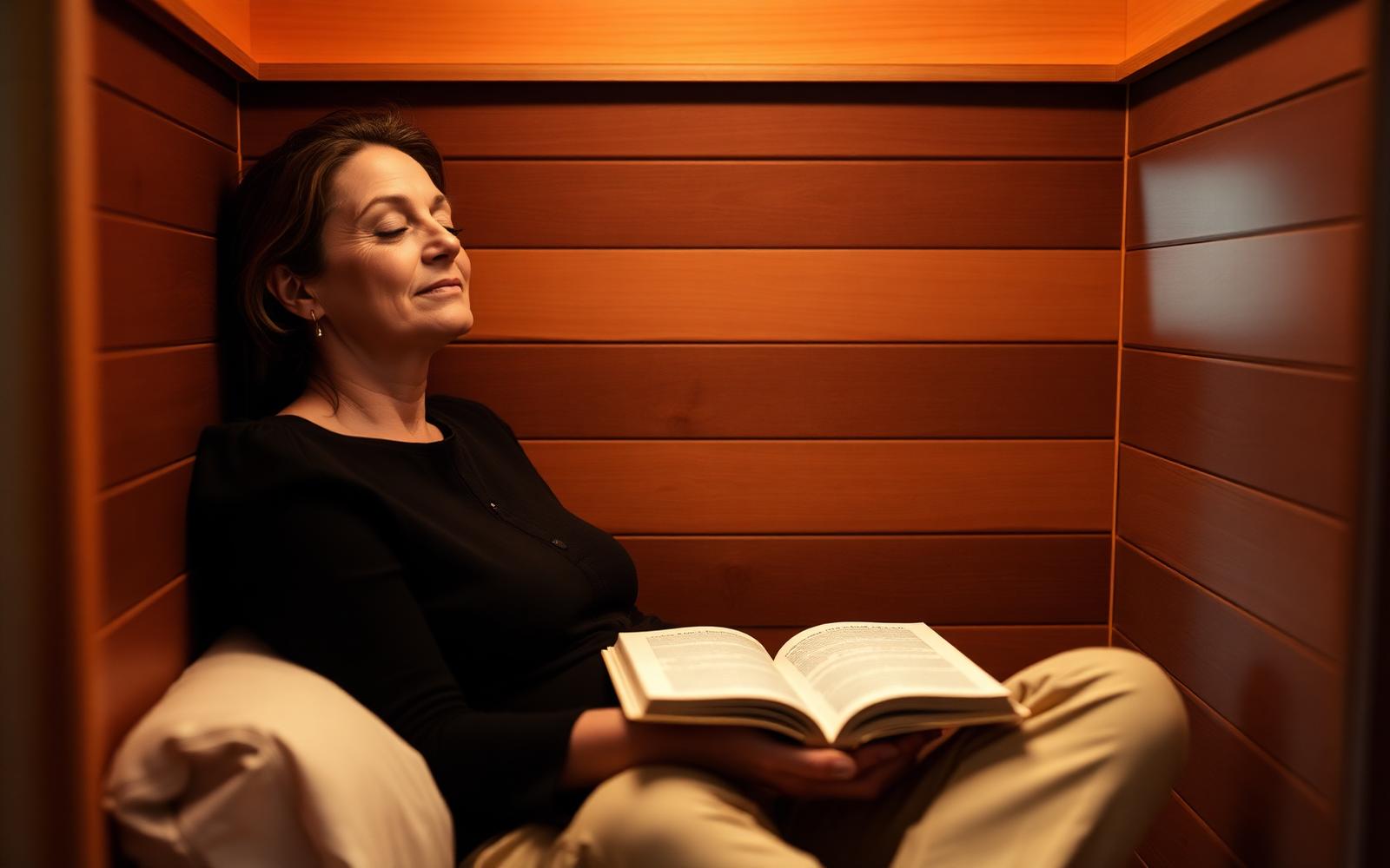 Ontspannen persoon in een warm verlichte Health Mate infraroodcabine — rust bij stress en burn-out