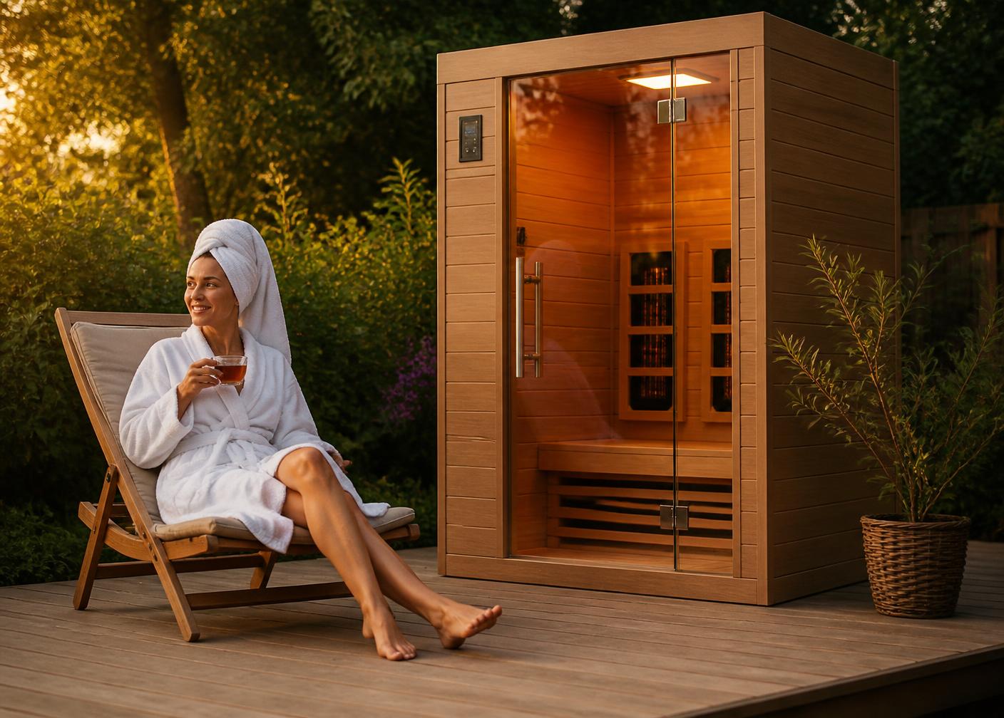 Vrouw ontspant op een terras naast een Health Mate Outdoor infraroodcabine