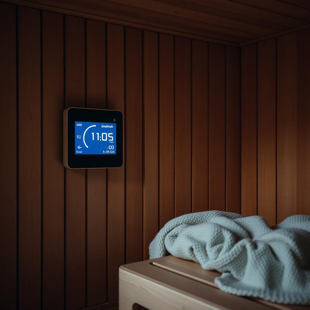 Slimme energiemeter naast een Health Mate infraroodcabine in cederhout