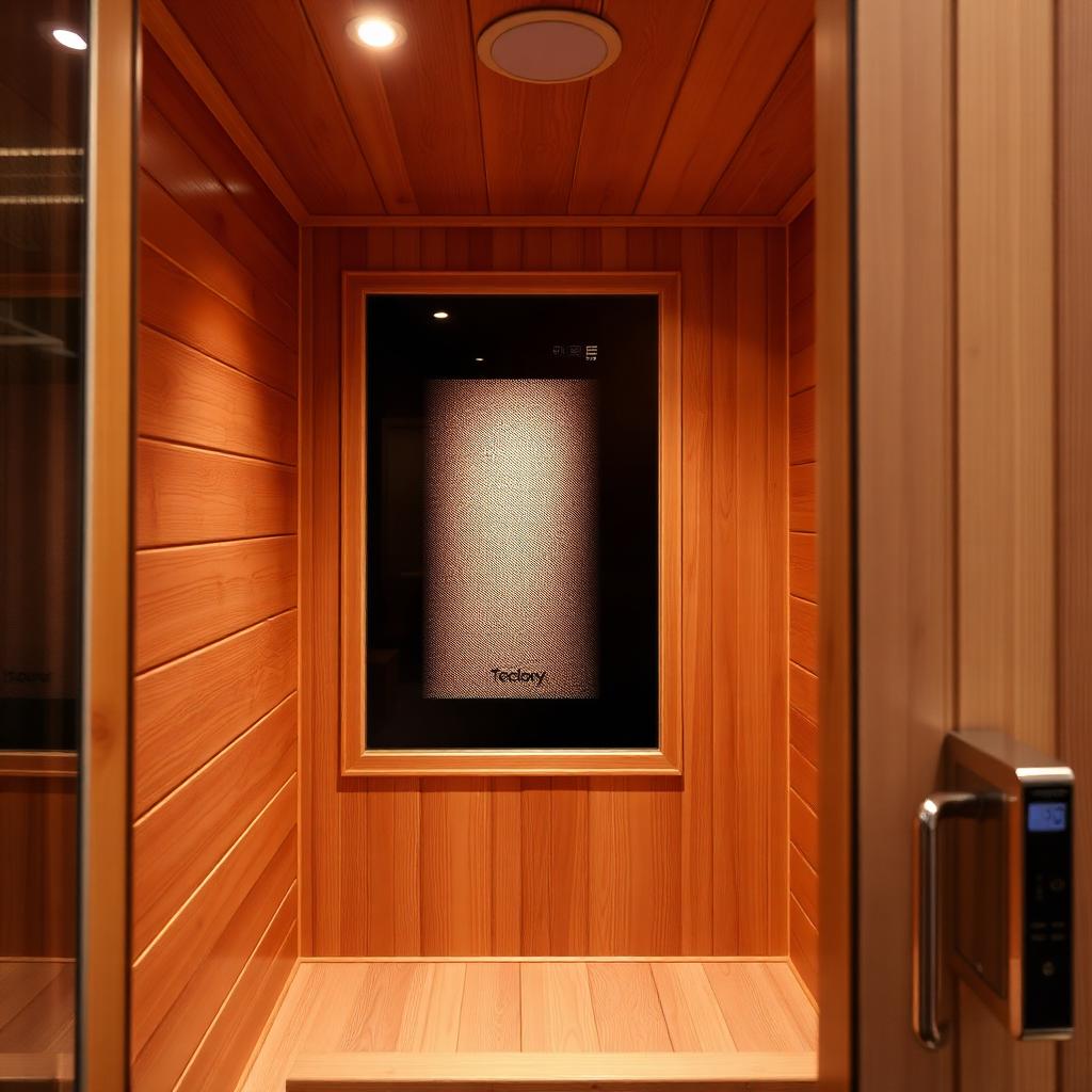 Detailbeeld van het interieur van een Health Mate infraroodcabine met Tecoloy-straler en warme cederhout-afwerking