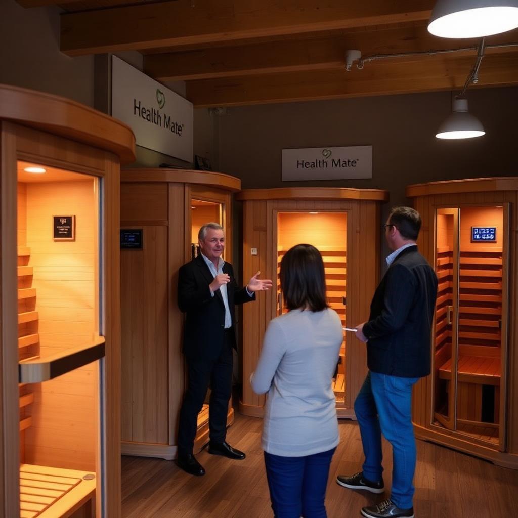 Adviseur begeleidt een klant in een warme showroom met meerdere Health Mate infraroodcabines